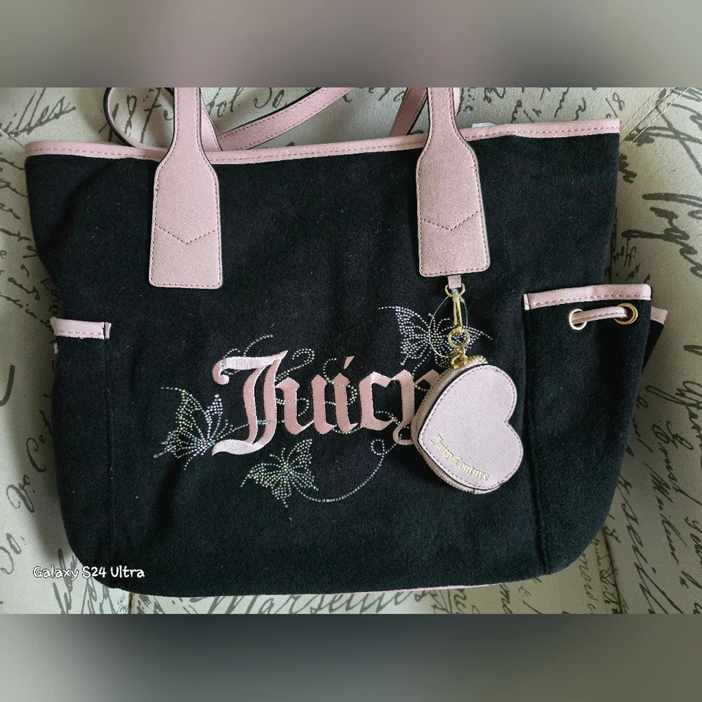 Juicy Couture Wingin It Tote Blk Liquorice/ Pink Diamond W/ Heart Coin Pouch NWT